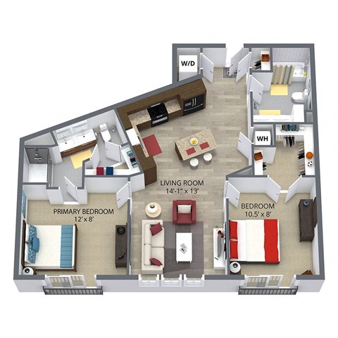 Floor plan for 2 beds, 2 baths, 1025 sqft